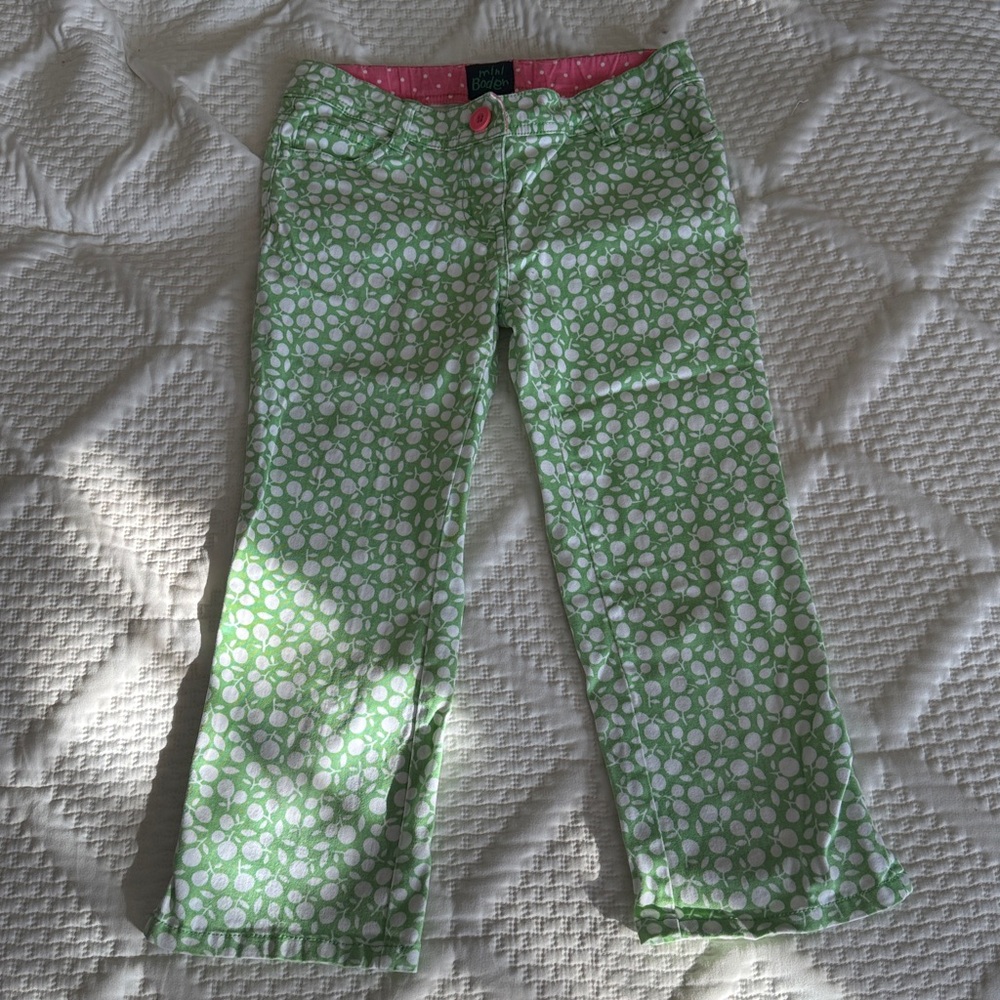 Mini Boden Green and White Leaf Print Casual Kids Pants